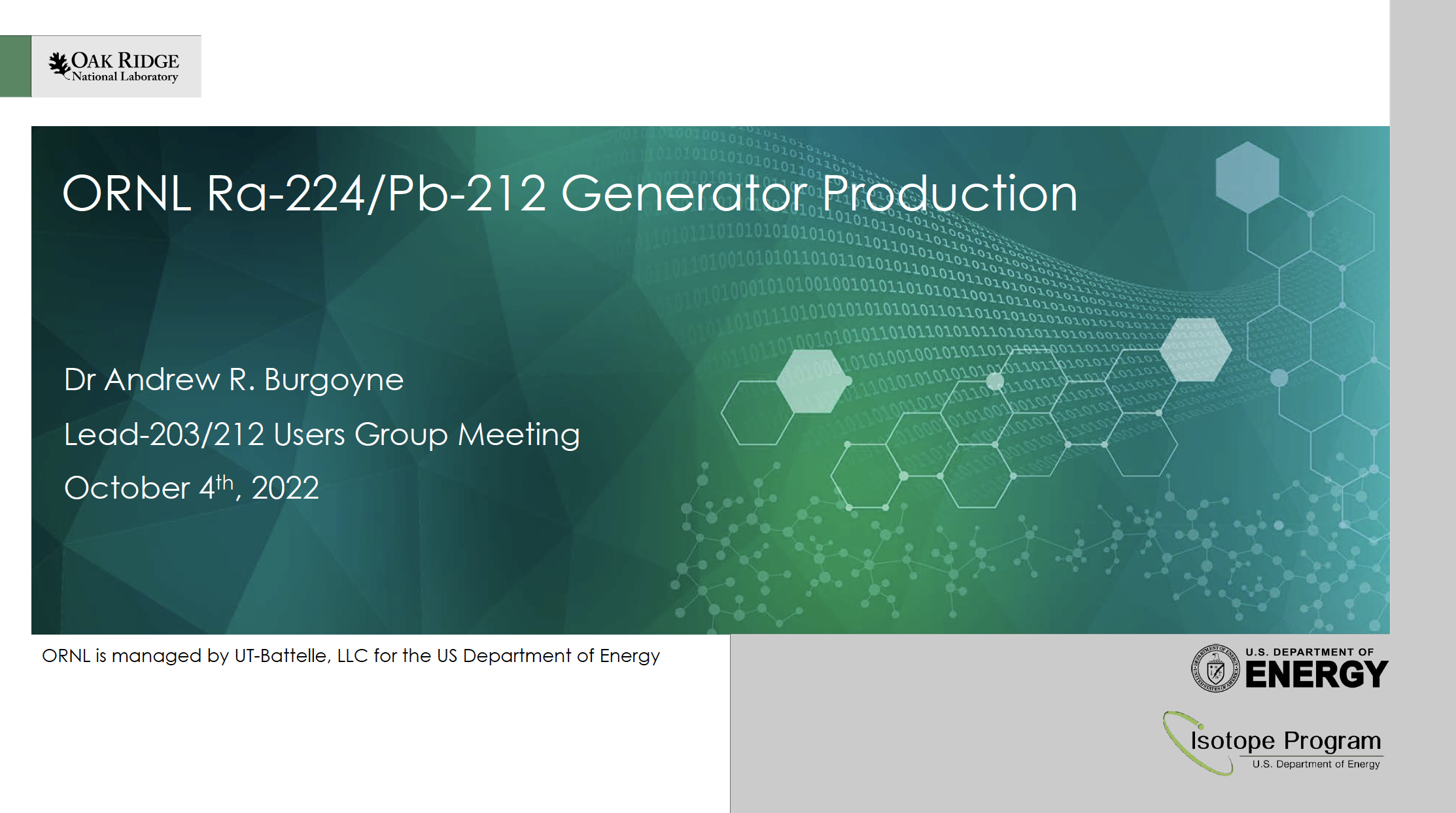 ORNL Ra-224/Pb-212 Generator Production