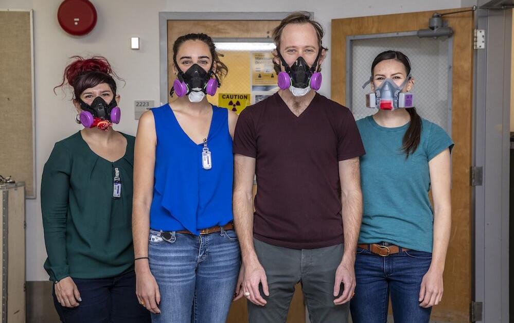 Berkeley Lab scientists Leticia Arnedo-Sanchez (from left), Katherine Shield, Korey Carter, and Jennifer Wacker had to take precautions against radioactivity as well as coronavirus to conduct experiments with the rare element, einsteinium. (Credit: Marilyn Sargent/Berkeley Lab)