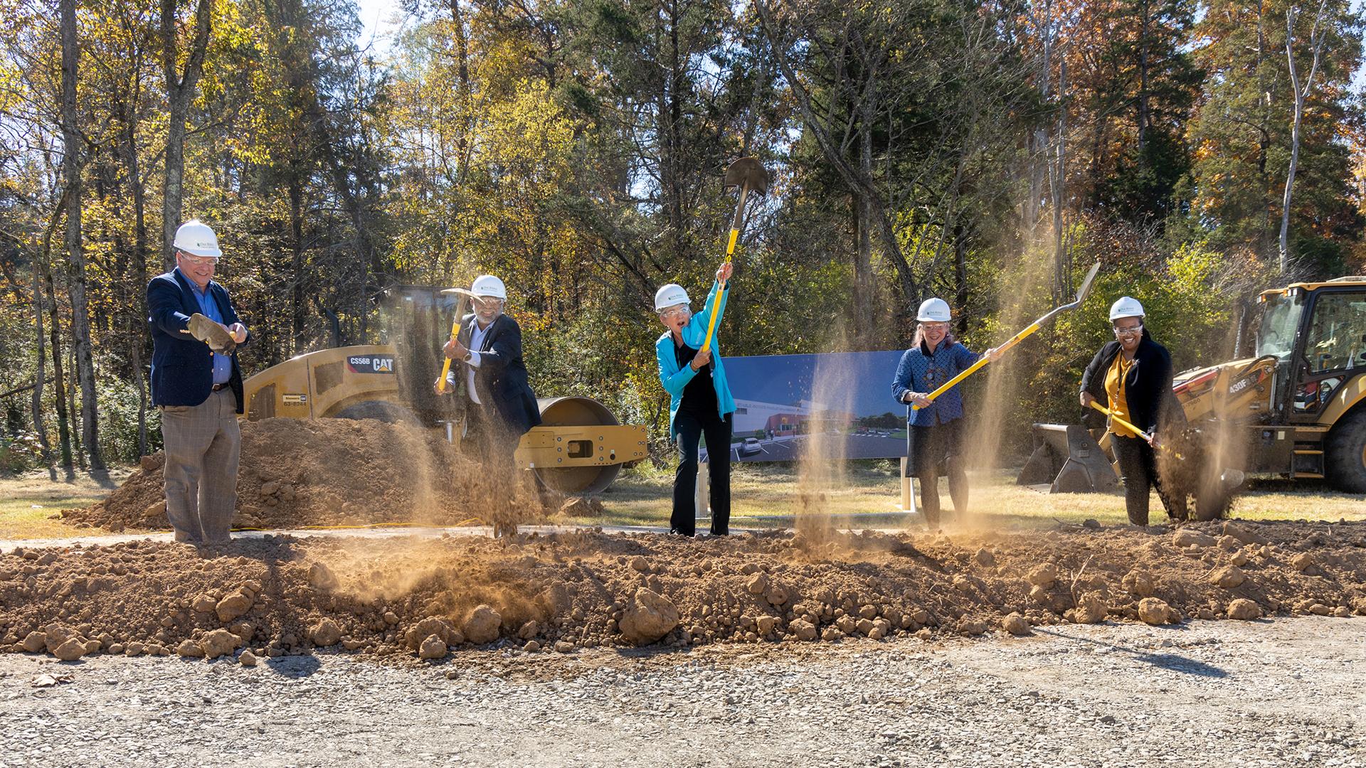 Dust flies to start construction of the SIPRC, with (l-r) ORNL Site Manager Johnny Moore, ORNL Director Thomas Zacharia, Secretary of Energy Jennifer Granholm, DOE Under Secretary for Science and Innovation Geraldine Richmond and Office of Science Director Asmeret Asefaw Berhe. Photo: Genevieve Martin