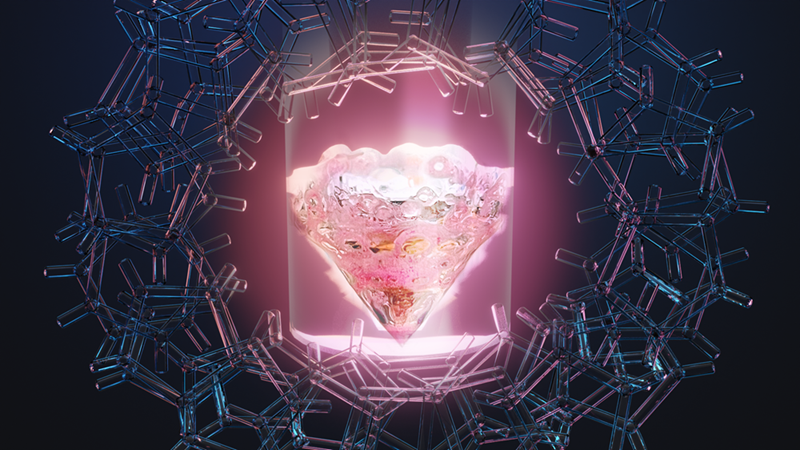 Image courtesy of Jacquelyn DeMink (art) and Thomas Dyke (photography), Oak Ridge National Laboratory Conceptual art showing the rare earth element promethium in a vial surrounded by an organic ligand. Scientists have discovered hidden features of promethium, opening a pathway for research on other lanthanide elements.