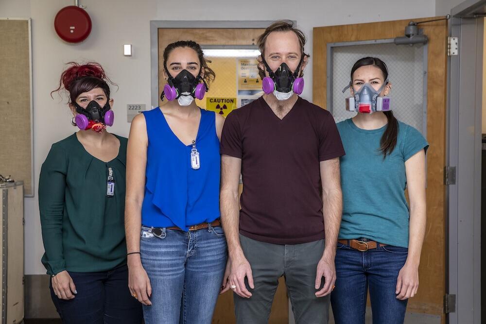 Berkeley Lab scientists Leticia Arnedo-Sanchez (from left), Katherine Shield, Korey Carter, and Jennifer Wacker had to take precautions against radioactivity as well as coronavirus to conduct experiments with the rare element, einsteinium. (Credit: Marilyn Sargent/Berkeley Lab)